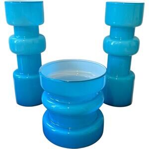 3 x West Elm Scandinavian Blue Hand Blown Retro Mid Century Arabesque Vases